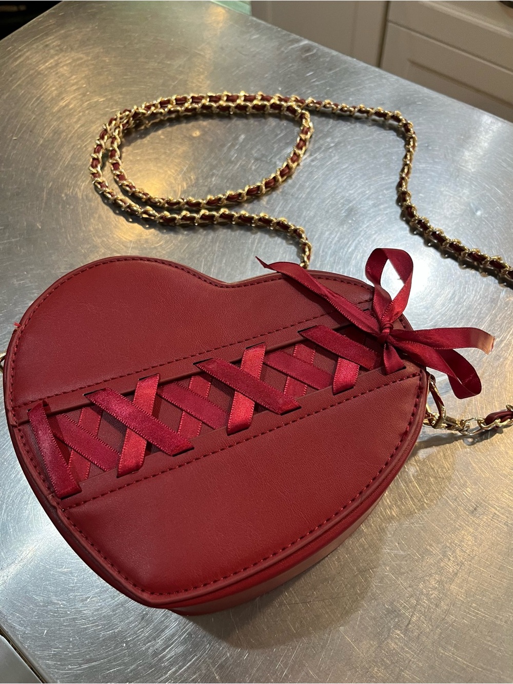 torrid Red Heart Crossbody Bag with Ribbon Lace-Up and Gold Chain